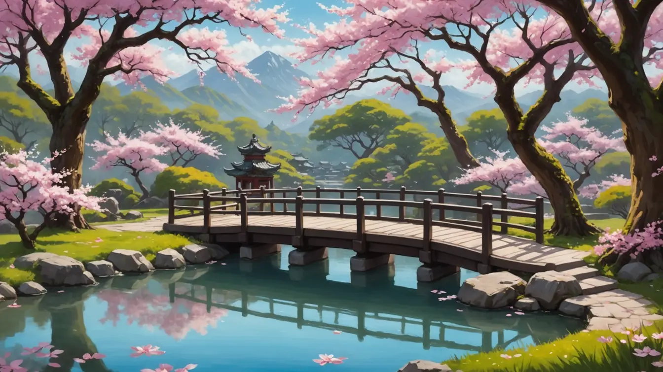Quiet wooden bridge and blossoms in the Inner Realm