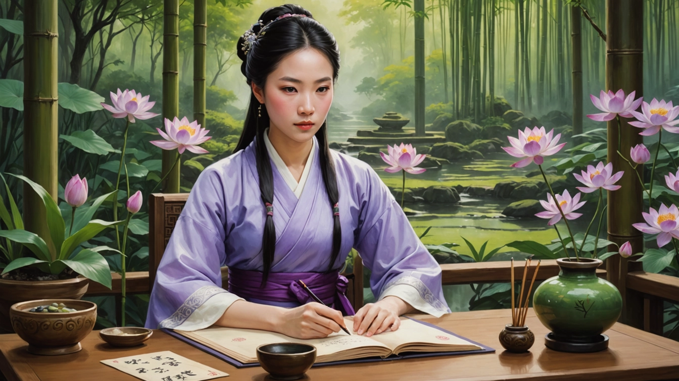 Woman in lavender writing beside a lotus pond and bamboo garden