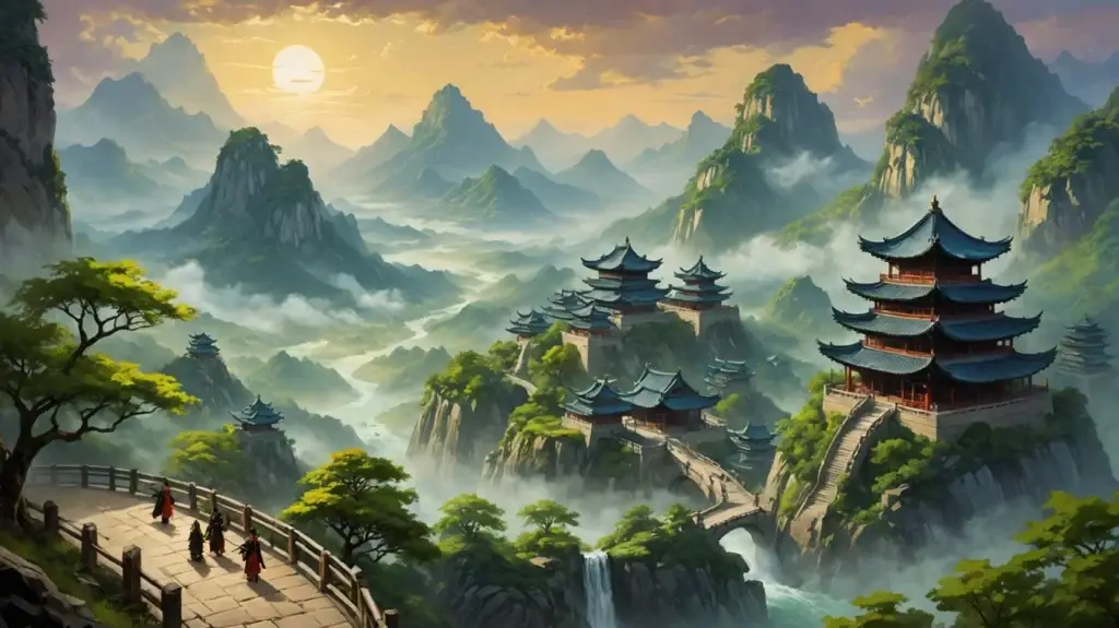 Ancient mountain temples with tiered rooftops rising above misty cliffs at sunrise, with travelers crossing a stone bridge in the foreground.