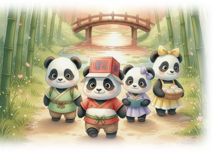 Four adorable panda cub detectives standing in a bamboo forest, wearing tiny outfits and ready to solve a mystery.