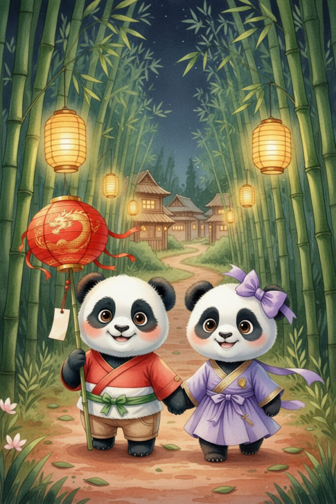 Two panda children standing in a glowing bamboo forest filled with lanterns, holding a mooncake and a lantern for a cozy nighttime adventure.