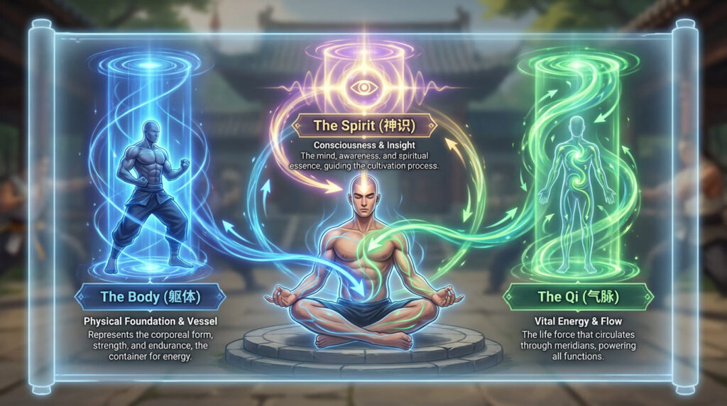 Illustration of the Three Pillars of Cultivation showing the Body, Spirit, and Qi as glowing figures connected by flowing energy.”