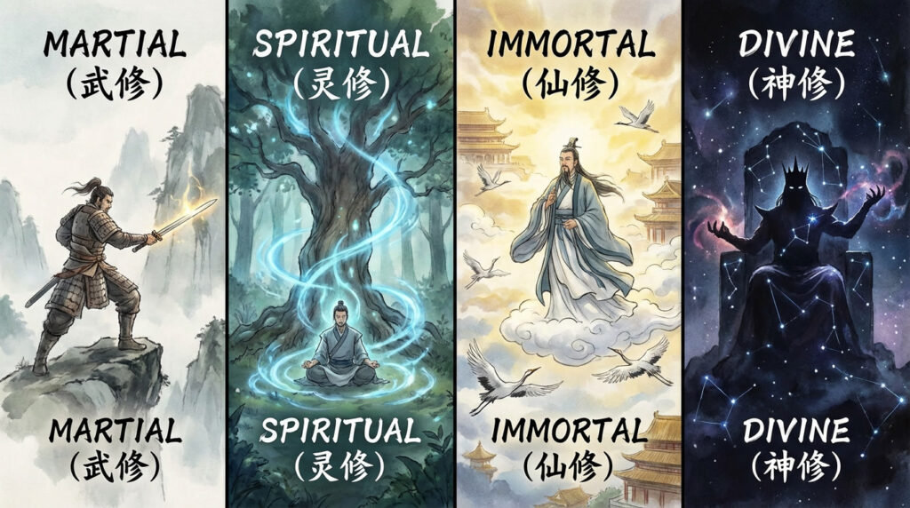 Visual guide showing the four cultivation paths — Martial (武修), Spiritual (灵修), Immortal (仙修), and Divine (神修) — with illustrated characters representing each path.