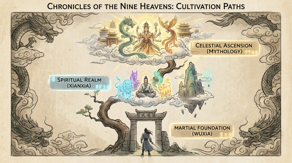 Cultivation realms visual chart showing Martial Foundation, Spiritual Realm, and Celestial Ascension in the CVM Sekai universe.