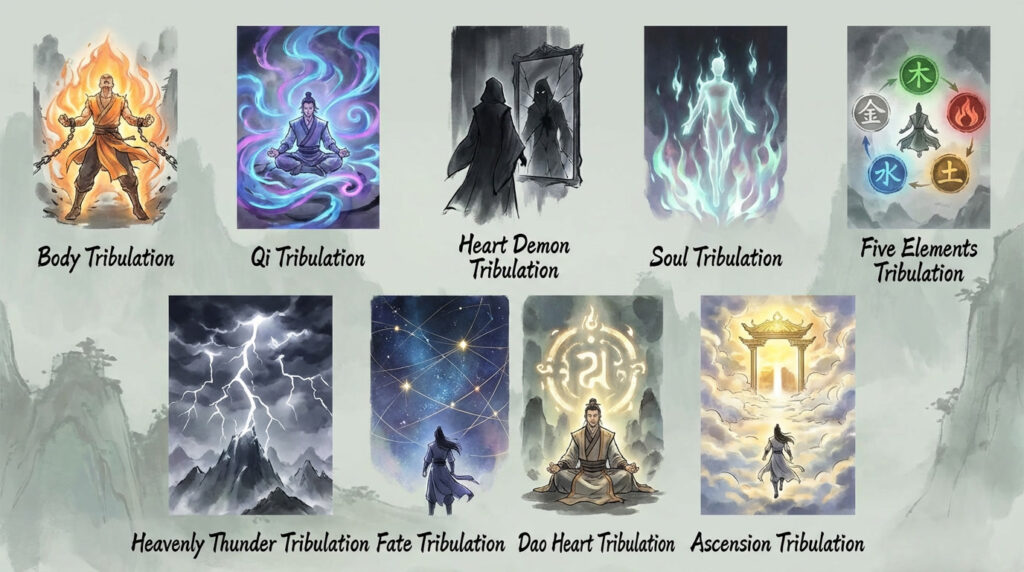 Illustration showing the Nine Tribulations of Cultivation: Body, Qi, Heart Demon, Soul, Five Elements, Heavenly Thunder, Fate, Dao Heart, and Ascension.