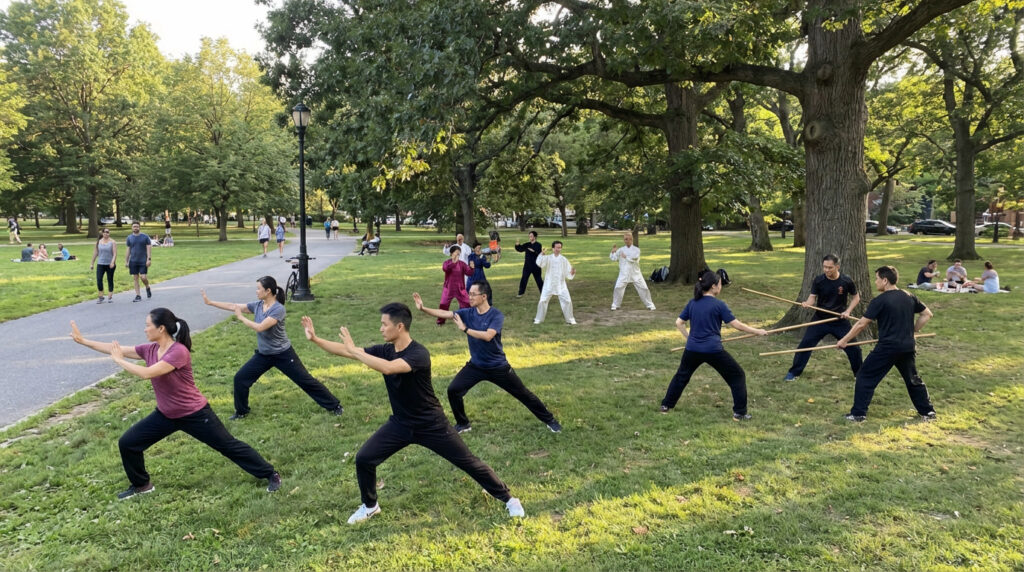 Group practicing wushu and tai chi in a public park, with students training stances and staff techniques under the trees.