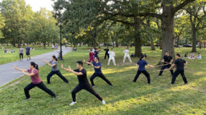 Group practicing wushu and tai chi in a public park, with students training stances and staff techniques under the trees.
