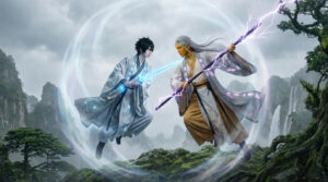 Two xianxia-style cultivators battling with glowing spiritual weapons above a misty mountain landscape, surrounded by swirling energy and dramatic clouds.