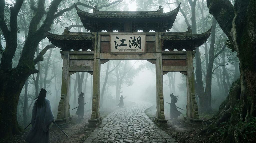Ancient Chinese gate marked “Jianghu,” surrounded by misty forest, with wandering martial artists passing through — symbolic of the hidden martial world in wuxia and xianxia fiction.