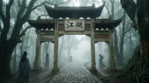 Ancient Chinese gate marked “Jianghu,” surrounded by misty forest, with wandering martial artists passing through — symbolic of the hidden martial world in wuxia and xianxia fiction.