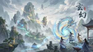 Illustration of a xuanhuan fantasy world with floating mountains, glowing qi streams, a celestial dragon, and cultivators summoning a portal.