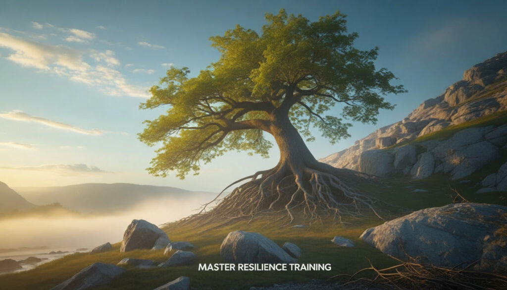 A lone tree with wide, exposed roots growing on a rocky mountainside at sunrise, symbolizing resilience, grounding, and inner strength.