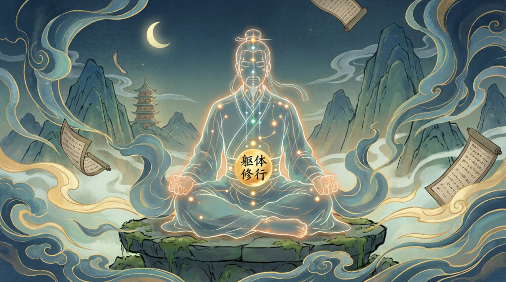 Illustration of a cultivator meditating with glowing bodily meridian points, representing physical refinement (躯体修行) in cultivation.