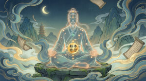 Illustration of a cultivator meditating with glowing bodily meridian points, representing physical refinement (躯体修行) in cultivation.