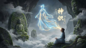 Illustration of a cultivator meditating as their spiritual consciousness (神识) manifests as a glowing astral form amid ancient stone statues and misty mountains.