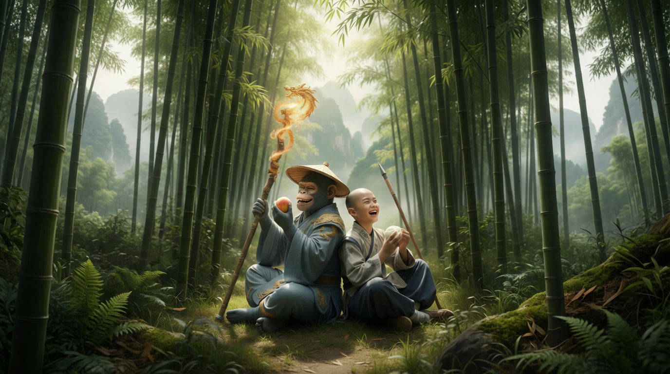 Sun Wukong and a young monk pause together in a bamboo grove.