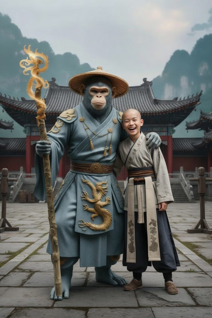 Sun Wukong and young monk Jun standing together in a serene ancient Chinese courtyard, smiling with warmth. Wukong wears ornate blue robes with a golden dragon emblem and holds a glowing staff, while Jun stands beside him in traditional monk clothing.