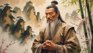Portrait of Shifu/Shizun — a wise Chinese martial arts master standing before bamboo and mountains, symbolizing lineage, discipline, and ancient tradition.