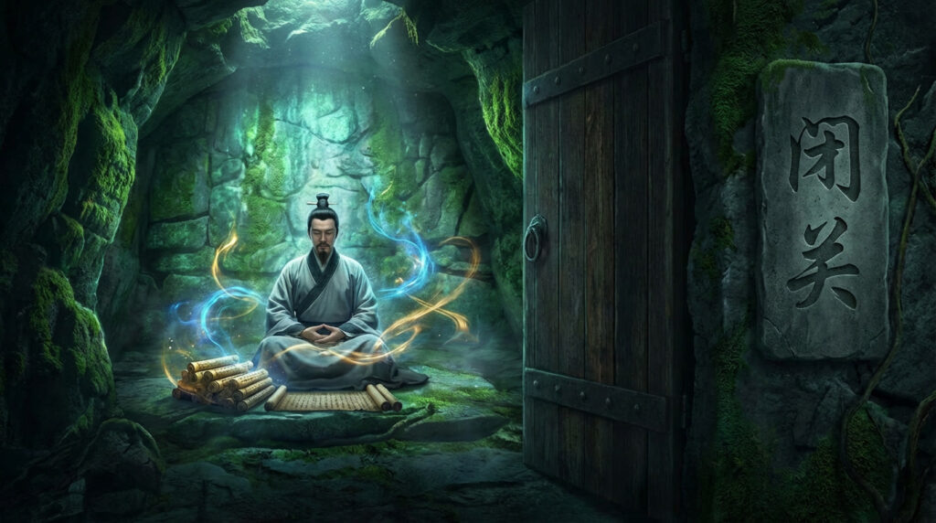 Cultivator meditating in a glowing cave surrounded by swirling qi, ancient scrolls at his side, with a wooden door marked ‘闭关’ indicating closed-door cultivation.