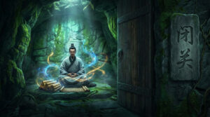 Cultivator meditating in a glowing cave surrounded by swirling qi, ancient scrolls at his side, with a wooden door marked ‘闭关’ indicating closed-door cultivation.