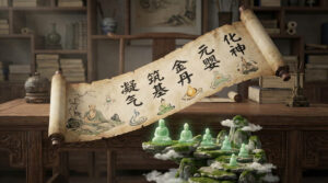 Ancient cultivation scroll showing illustrated realm stages—Qi Condensation, Foundation Building, Core Formation, Nascent Soul, and Spirit Transformation—with glowing jade figures meditating on floating stone platforms.