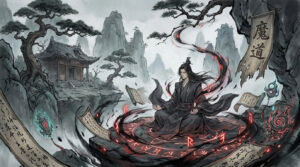 Dark cultivator practicing demonic cultivation (魔道 / 邪道) in a ritual circle with glowing red runes, drifting scrolls, sinister artifacts, and a mountain temple in the background.
