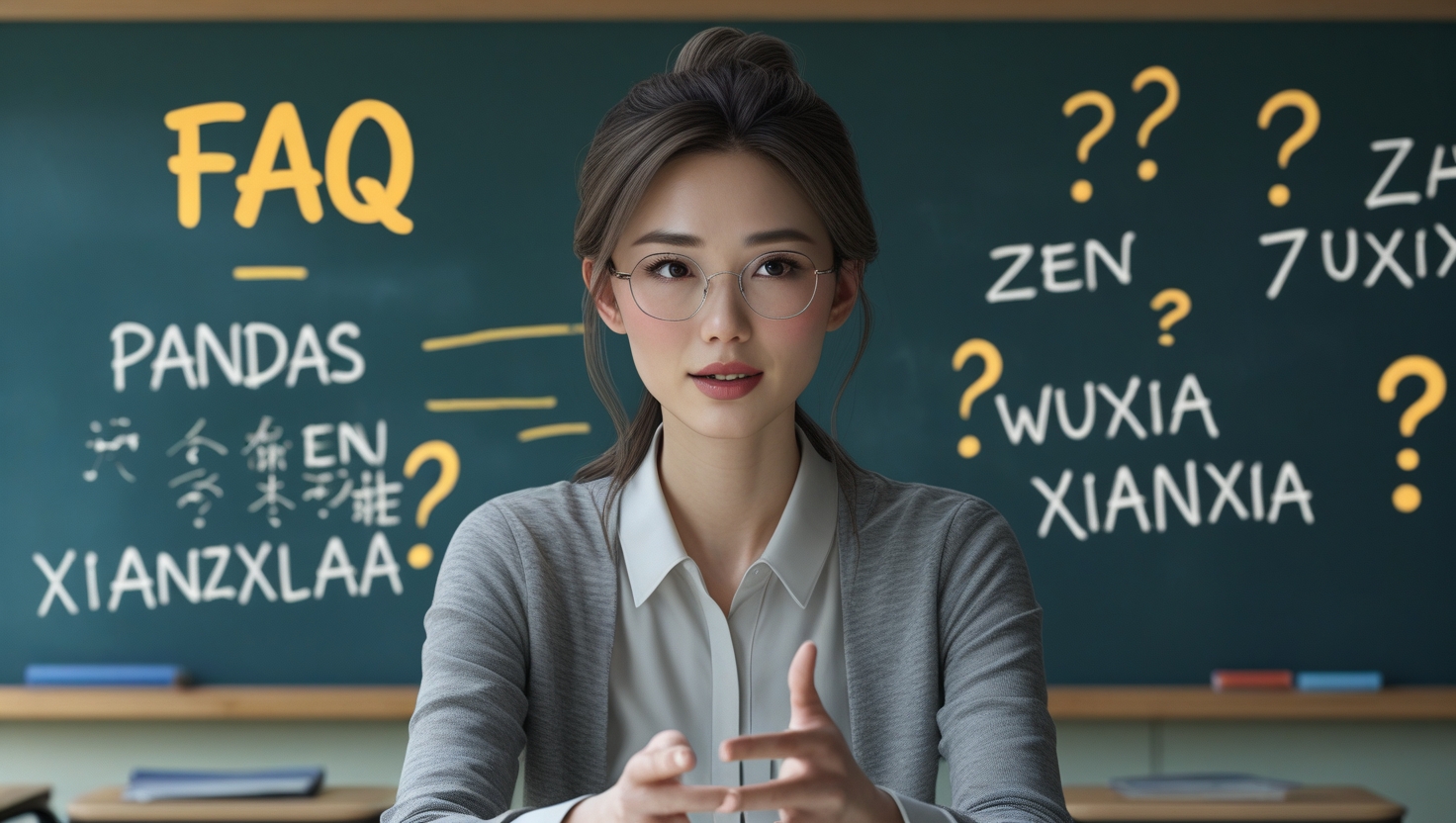 Woman wearing glasses answering questions in front of a chalkboard filled with CVM Sekai topics