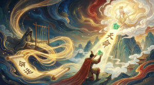 Illustration of a warrior kneeling to receive the Heavenly Mandate (天命) from a celestial figure above, while a hooded weaver spins the threads of fate on the left, symbolizing destiny and cosmic order in Chinese mythology.