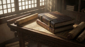 Ancient wooden manuals labeled 禁术 (forbidden techniques) stacked on a scholar’s table with scrolls and handwritten texts, representing secret and dangerous martial or cultivation knowledge.