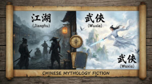Illustration comparing Jianghu (江湖) street-level martial world with Wuxia (武侠) fantasy heroes flying through mountains. Chinese mythology fiction artwork.