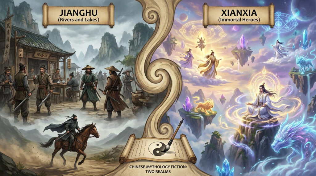 Artwork comparing Jianghu, the grounded martial world, with Xianxia, the fantasy realm of immortals and divine beasts. Chinese mythology two-realm illustration.