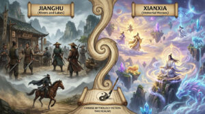 Artwork comparing Jianghu, the grounded martial world, with Xianxia, the fantasy realm of immortals and divine beasts. Chinese mythology two-realm illustration.