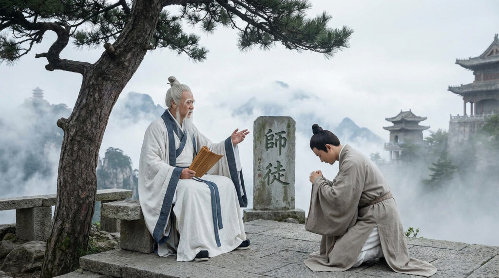 Elder master teaching a bowing disciple in a misty mountain courtyard, with the stone engraving 师徒 symbolizing the traditional Shifu–Tudi master–disciple hierarchy in Chinese culture.