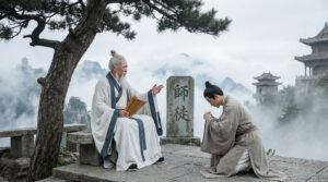 Elder master teaching a bowing disciple in a misty mountain courtyard, with the stone engraving 师徒 symbolizing the traditional Shifu–Tudi master–disciple hierarchy in Chinese culture.