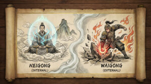 Illustration comparing Neigong (内功) internal energy cultivation with Waigong (外功) external physical martial arts, showing a meditating cultivator and a warrior striking the ground with fiery force.