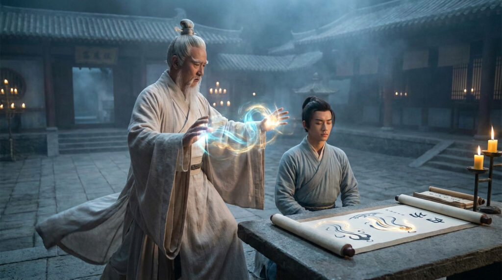Elder master demonstrating glowing internal energy (Neigong 内功) to a young disciple meditating before ancient cultivation scrolls in a traditional courtyard.