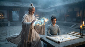 Elder master demonstrating glowing internal energy (Neigong 内功) to a young disciple meditating before ancient cultivation scrolls in a traditional courtyard.