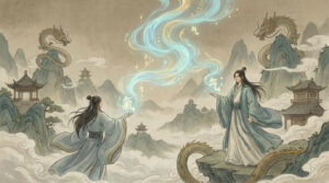 Two cultivators manipulating flowing Qi (氣) energy in a mythical mountain landscape with dragons and ancient temples. Chinese cultivation concept artwork.