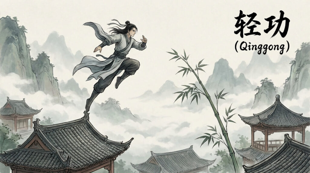 Martial artist performing Qinggong (轻功) lightness skill by leaping across rooftops in a misty mountain village, robes flowing in midair.