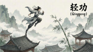 Martial artist performing Qinggong (轻功) lightness skill by leaping across rooftops in a misty mountain village, robes flowing in midair.