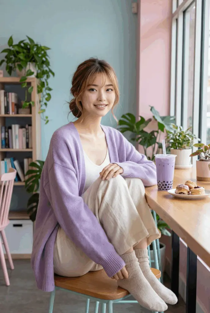 Woman in a lavender cardigan sitting by a cozy window nook with plants, holding a cup of boba.