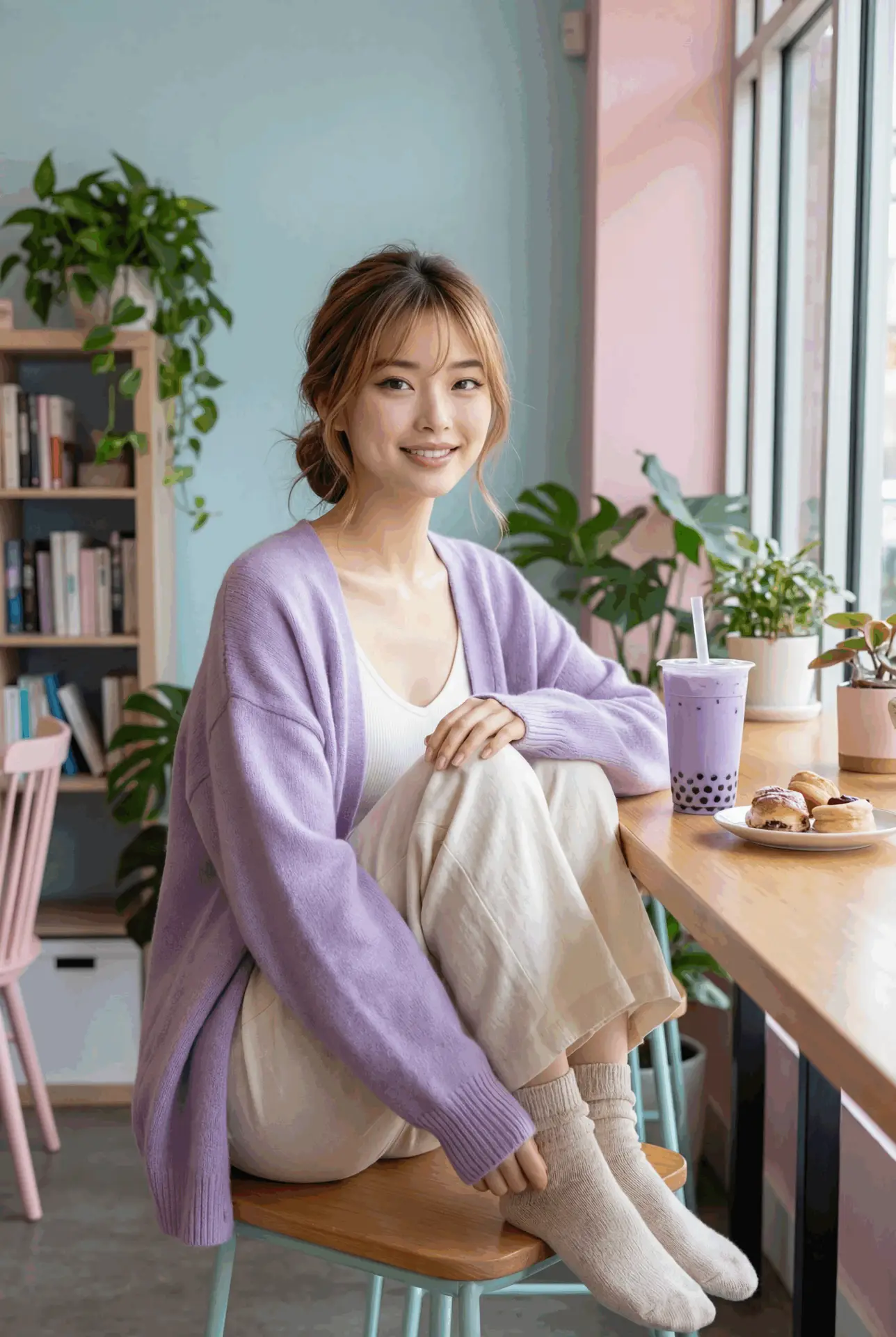 Woman in a lavender cardigan sitting by a cozy window nook with plants, holding a cup of boba.