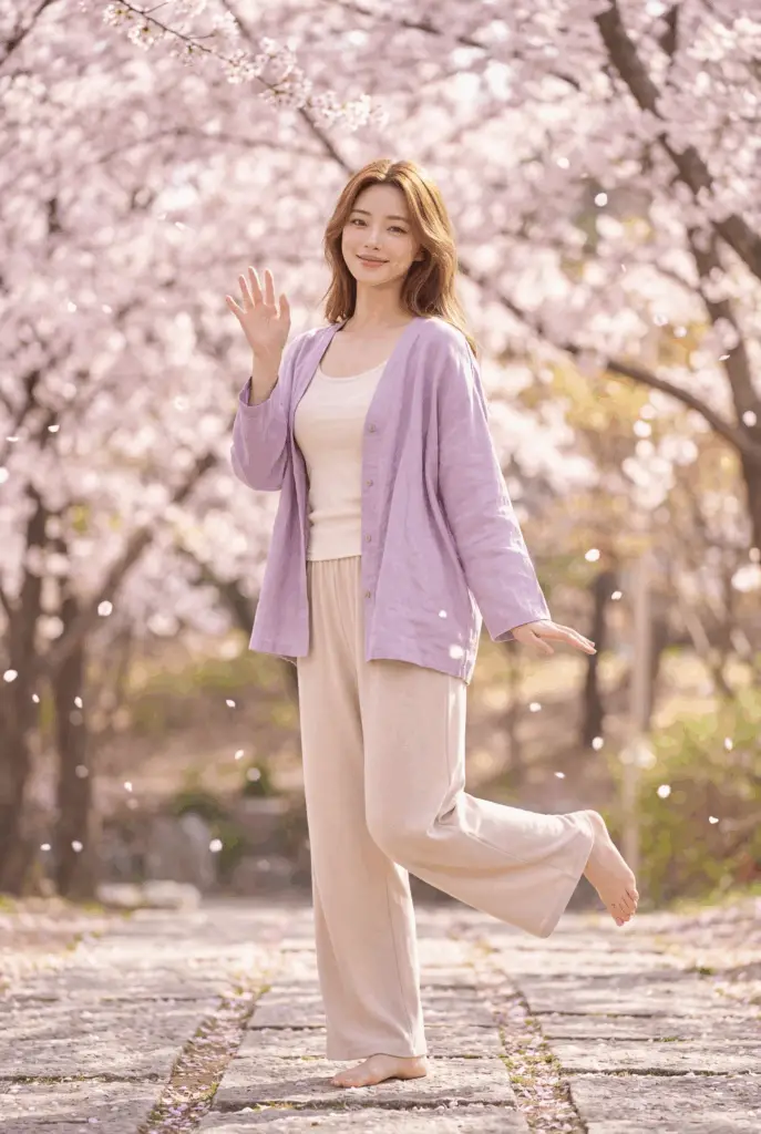 Woman in lavender cardigan standing beneath cherry blossoms, calm minimalist aesthetic