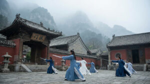 Martial artists training with swords in a traditional mountain temple courtyard, representing Chinese martial arts sects (门派) and their structured schools.