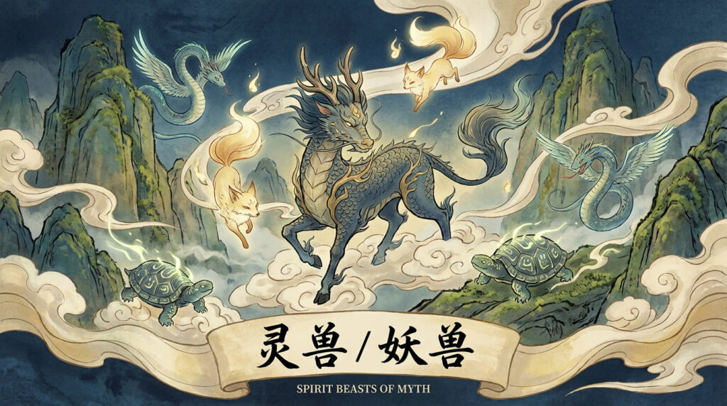 Mythical spirit beasts (灵兽 / 妖兽) illustrated in a fantasy Chinese landscape, featuring a qilin-like creature, fox spirits, turtles, and flying serpents surrounded by clouds and mountains.