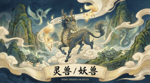 Mythical spirit beasts (灵兽 / 妖兽) illustrated in a fantasy Chinese landscape, featuring a qilin-like creature, fox spirits, turtles, and flying serpents surrounded by clouds and mountains.