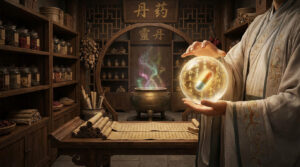 Cultivation alchemist holding a glowing orb with a spiritual pill inside, surrounded by ancient scrolls, herbs, and a cauldron emitting multicolored qi in a traditional丹药 workshop.