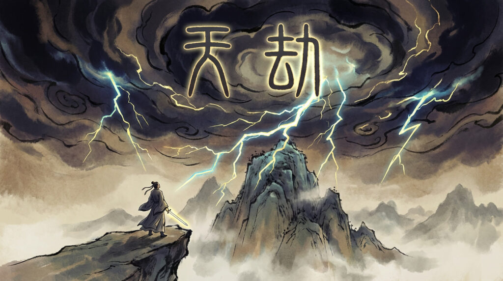 Illustration of a cultivator standing before a storm of Tribulation Lightning (天劫), with glowing Chinese characters in the clouds and divine lightning striking a mountain peak in a dramatic xianxia fantasy setting.