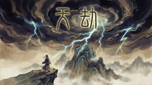 Illustration of a cultivator standing before a storm of Tribulation Lightning (天劫), with glowing Chinese characters in the clouds and divine lightning striking a mountain peak in a dramatic xianxia fantasy setting.