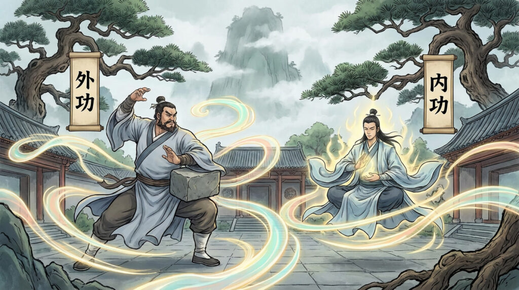 Martial artist practicing Waigong (外功) external strength training by striking and lifting a heavy stone block, surrounded by swirling energy in a traditional courtyard.